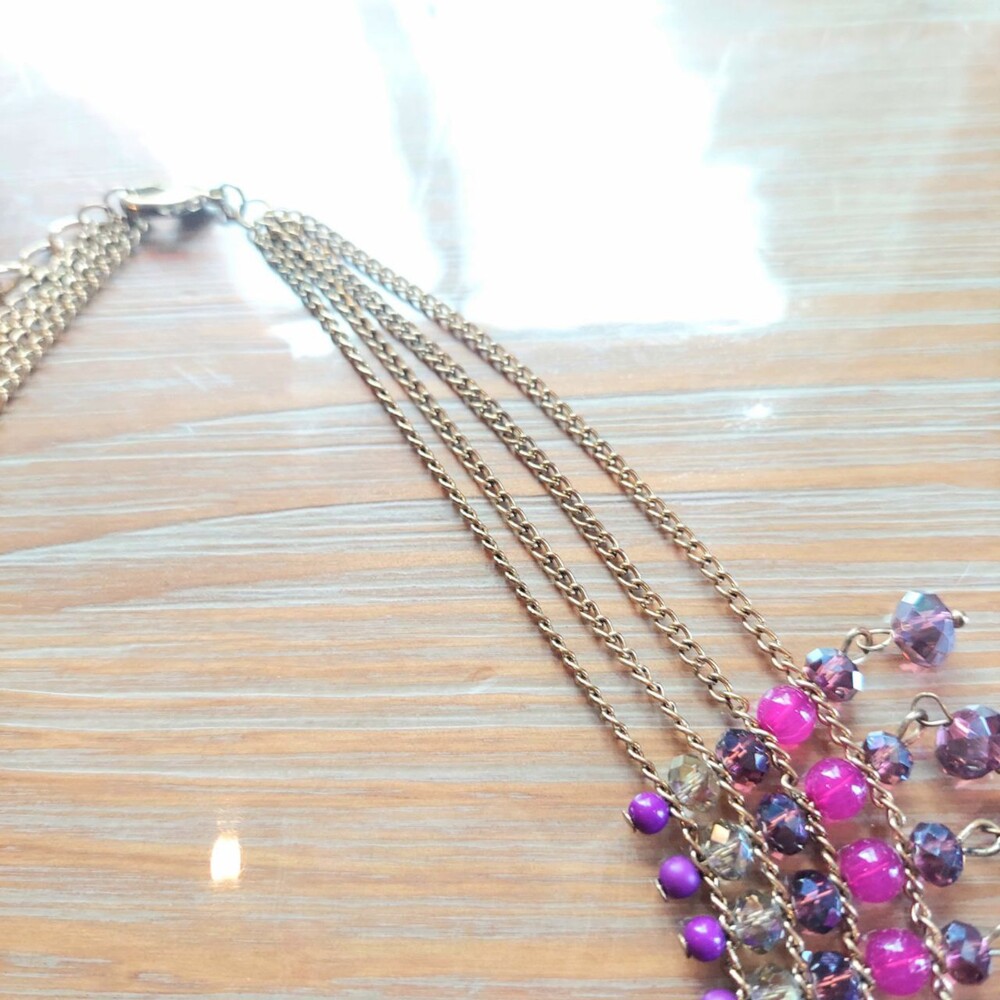 Vintage Beaded Brass Bib Necklace with Crystals - Picture 6 of 6
